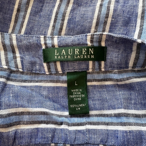 Lauren Ralph Lauren Linen Blue Striped Long Sleeve Popover Blouse | Size Large - Picture 5 of 8